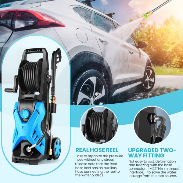 Electric Pressure Washer, 5000 PSI 2.8 GPM Power Washer With 33FT Extension Hose Reel, Pressure Adjustable (2500PSI-5000PSI), 4 Quick Connect Nozzles And Foam Cannon For Car/Fence/Patio (Blue) - Image 7