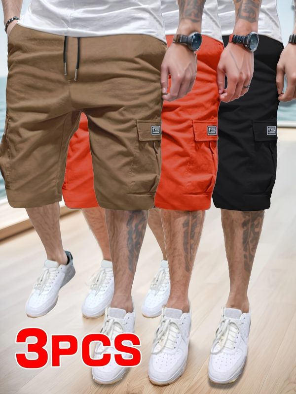 3pcs Men'S Summer Drawstring Work Shorts - Lightweight, Quick-Dry, Loose Fit with Pockets, Solid Color (Beige, Gray, Black), Perfect for Beach, Outdoor & Casual Wear, Beach Short - Image 7