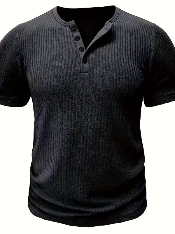 Short Sleeve Solid Stripe Pattern Knit T-shirt, Chic And Stylish Henley Neck Sports Tops For Men's Summer Leisurewear And Outdoors Activities - Image 5