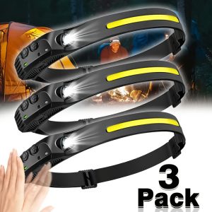 3pcs Rechargeable Headlamp with Adjustable & Removable Spotlight, Super Bright 800 Lumens LED Headlight, Motion Sensor Hands-Free, 6 Modes, USB Rechargeable, Adjustable Strap for Running, Hiking, Fishing, Camping, Running Gear | Sleek Headlamp | Durable Headlamp, Headlamp Rechargeable