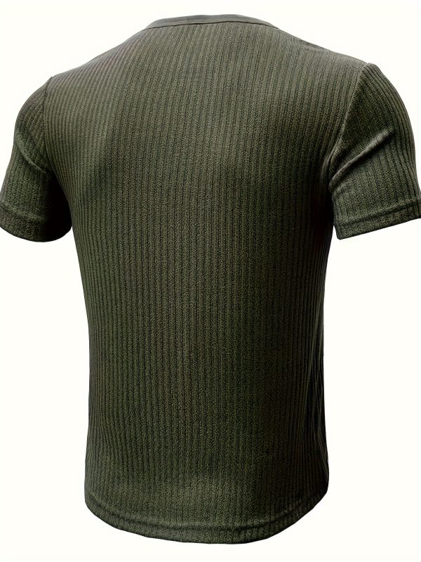 Short Sleeve Solid Stripe Pattern Knit T-shirt, Chic And Stylish Henley Neck Sports Tops For Men's Summer Leisurewear And Outdoors Activities - Image 8