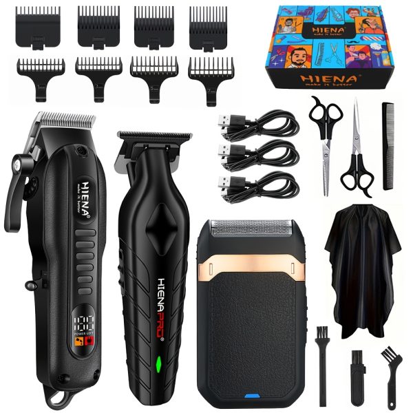 HIENA Professional Hair Clippers and Shaver Set for Men - USB Rechargeable Cordless Haircut Kit with LED Display, 1200mAh Lithium Battery, 3-Speed Adjustable - For Barbers & Home Use - Perfect Gift for Men