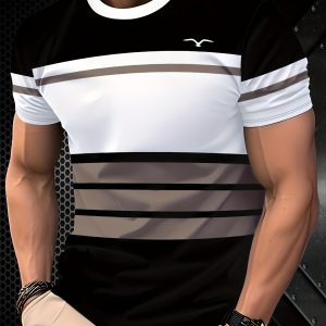 Men'S Stylish Black & White Striped T-Shirt - 100% Polyester, Crew Neck, Short Sleeve, Machine Washable, Comfort Fit for All Seasons, Casual Casual Attire | Smooth Texture Fabric