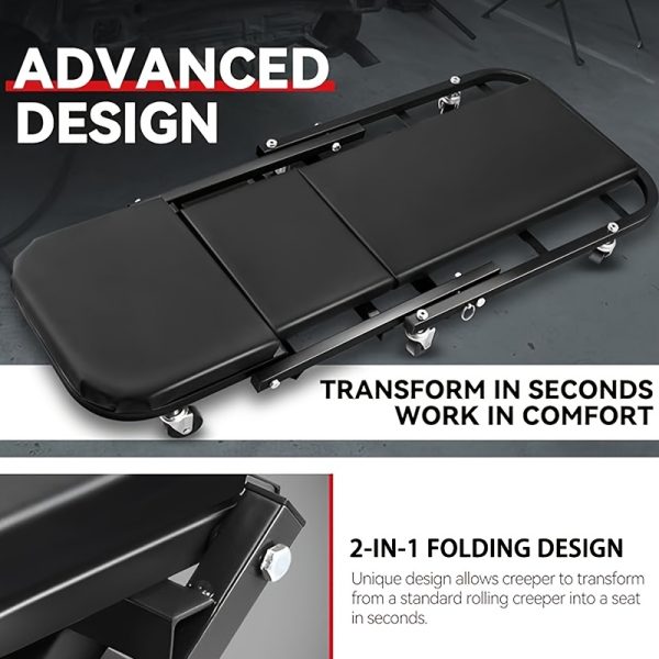 Wheel X Mechanical Crawler 36 Inch 3-in-1/2-in-1/2-in-1 With Brake Mode Z Seat 340 Pound Capacity, Foldable Garage Adjustable Rolling Folding With 6 Wheel Rollers, Lying Down And Leaning, Under Car Maintenance, Red And Black - Image 11