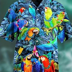 Men's Tropical Parrot Print Short Sleeve Button-Up Shirt