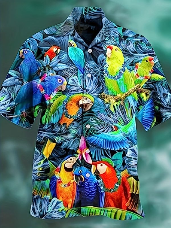 Men's Tropical Parrot Print Short Sleeve Button-Up Shirt