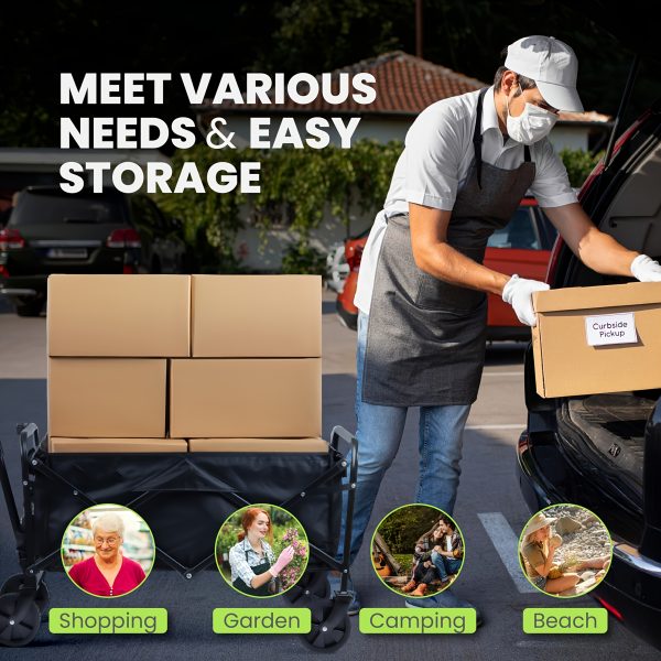 220/450/680 lb Capacity Heavy-Duty All-Terrain Folding Cart - Stainless Steel Frame and 600D Oxford Fabric, Foldable Multi-Purpose Wagon for Camping, Gardening, Beach, Shopping - No Assembly Required, Black Garden Tool Holder, Sturdy Handle Design, Durable Wheel Construction - Image 10
