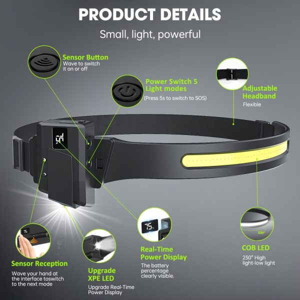 3pcs Rechargeable Headlamp with Adjustable & Removable Spotlight, Super Bright 800 Lumens LED Headlight, Motion Sensor Hands-Free, 6 Modes, USB Rechargeable, Adjustable Strap for Running, Hiking, Fishing, Camping, Running Gear | Sleek Headlamp | Durable Headlamp, Headlamp Rechargeable - Image 2