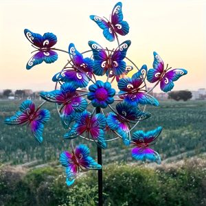 Metal Wind Spinner with Vibrant Blue & Purple Butterfly Garden Decor - Wind-Powered Outdoor Art for Patio, Yard, Terrace - No Batteries Needed, Garden Wind Spinner, Yard Decoration, Whimsical Design, Intricate Craftsmanship