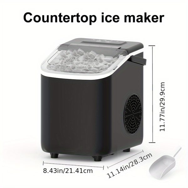 Ice Maker With A Handle On The Countertop. It Can Make 9 Bullet-shaped Ice Cubes In 6 Minutes, With A 24-hour Ice-making Capacity Of 26 Pounds. It Is Equipped With An Automatic Cleaning Function And Comes With An Ice Basket And An Ice Scoop. - Image 2