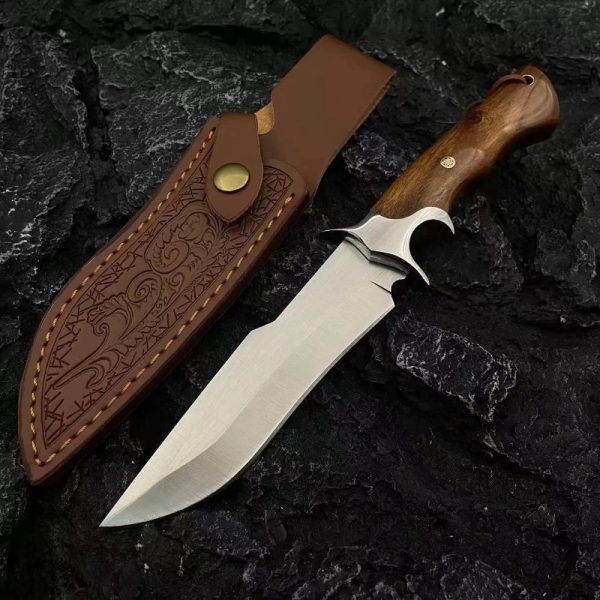 1pc Hand-Forged Damascus Fixed Blade Knife with Wooden Handle and Leather Sheath for Easy Portability and Fast Cutting - Image 4