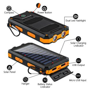 [Best Gift|Solar Power] 30000mAh Large Capacity Portable Charger | 1pc Solar Power Bank Dual 5V USB Ports Output with LED Flashlight, Compass for Mobile Phones, Mobile Devices, Travel, And Camping External Backup Battery Pack