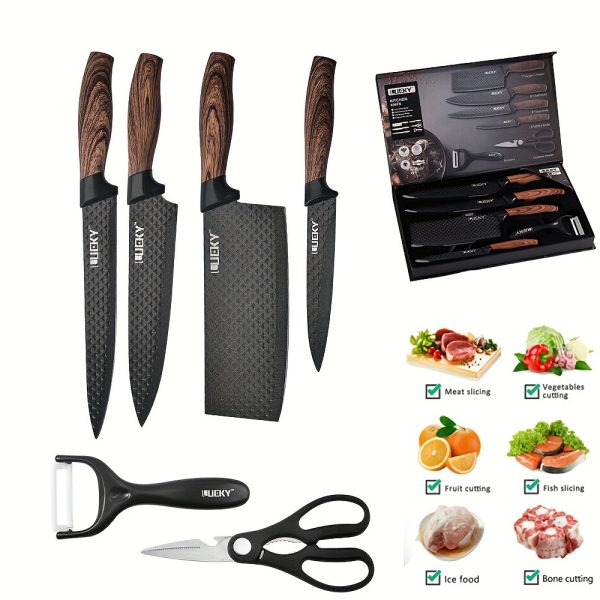 Professional 6pcs Kitchen Knives Set, Chef, Cleaver, Slicer, Utility Knife Peeler& Scissors Stainless Steel Ultra Sharp with Non-Stick Ergonomic Wood Handle Cooking Chef Knife Set for Home Travel Vegetable, Meat, Fruit Gift Box - Image 7