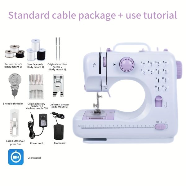 Light Purple Electric Home Sewing Machine with 12 Built-in Needles, Overlock Stitch, Button Sewing & Thread Winding - 110V-240V US Plug, Compact Design for Home, School, Daily Sewing - Ideal Mother's Day Gift, Fabric Crafts, Stylish Appliance, Durable Construction, Craft Lovers - Image 2