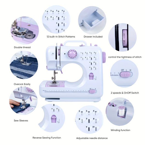 Light Purple Electric Home Sewing Machine with 12 Built-in Needles, Overlock Stitch, Button Sewing & Thread Winding - 110V-240V US Plug, Compact Design for Home, School, Daily Sewing - Ideal Mother's Day Gift, Fabric Crafts, Stylish Appliance, Durable Construction, Craft Lovers - Image 6