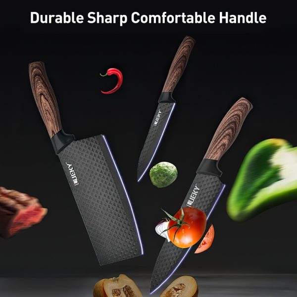 Professional 6pcs Kitchen Knives Set, Chef, Cleaver, Slicer, Utility Knife Peeler& Scissors Stainless Steel Ultra Sharp with Non-Stick Ergonomic Wood Handle Cooking Chef Knife Set for Home Travel Vegetable, Meat, Fruit Gift Box - Image 8