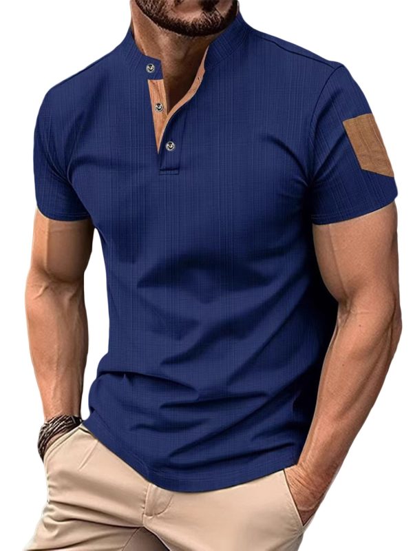 Men's Navy Blue Henley T-Shirt - Breathable Short Sleeve Summer Shirt with Patchwork Design, Button-Up Comfort Fit for Beach & Streetwear, Machine Washable, Beach T Shirt - Image 4