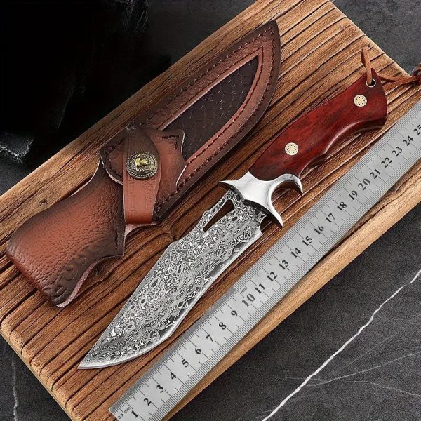 1pc Hand-Forged Damascus Fixed Blade Knife with Wooden Handle and Leather Sheath for Easy Portability and Fast Cutting - Image 8