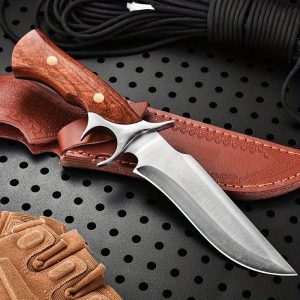 1pc Hand-Forged Damascus Fixed Blade Knife with Wooden Handle and Leather Sheath for Easy Portability and Fast Cutting - Image 9
