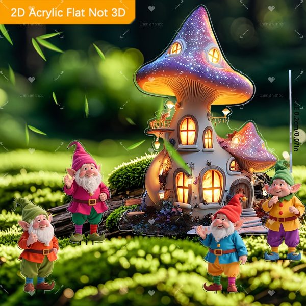 2D Flat, 5pcs Fairy Tale Dwarf and Dreamy Mushroom House Acrylic Bohemian Garden Decorations for Outdoor Use in Gardens, Lawns, Potted Plants, Perfect Holiday Gift Suitable for All 11 Festivals, 2D Flat - Image 3