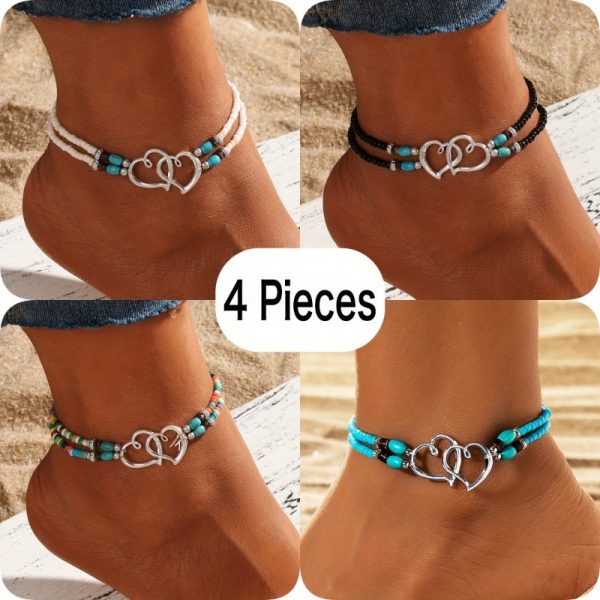 Shimmering Beaded Multicolor Anklet 4pcs Boho Chic Beaded Anklet Set