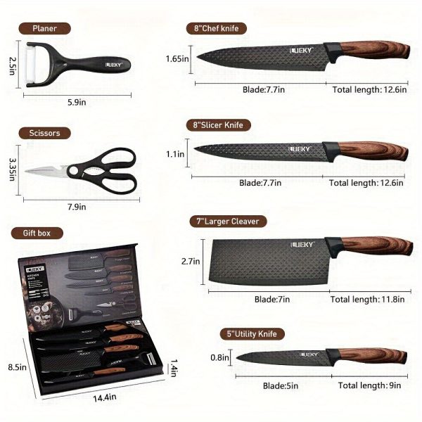 Professional 6pcs Kitchen Knives Set, Chef, Cleaver, Slicer, Utility Knife Peeler& Scissors Stainless Steel Ultra Sharp with Non-Stick Ergonomic Wood Handle Cooking Chef Knife Set for Home Travel Vegetable, Meat, Fruit Gift Box - Image 6