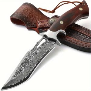 1pc Hand-Forged Damascus Fixed Blade Knife with Wooden Handle and Leather Sheath for Easy Portability and Fast Cutting