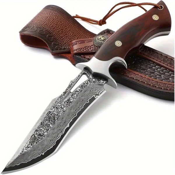 1pc Hand-Forged Damascus Fixed Blade Knife with Wooden Handle and Leather Sheath for Easy Portability and Fast Cutting