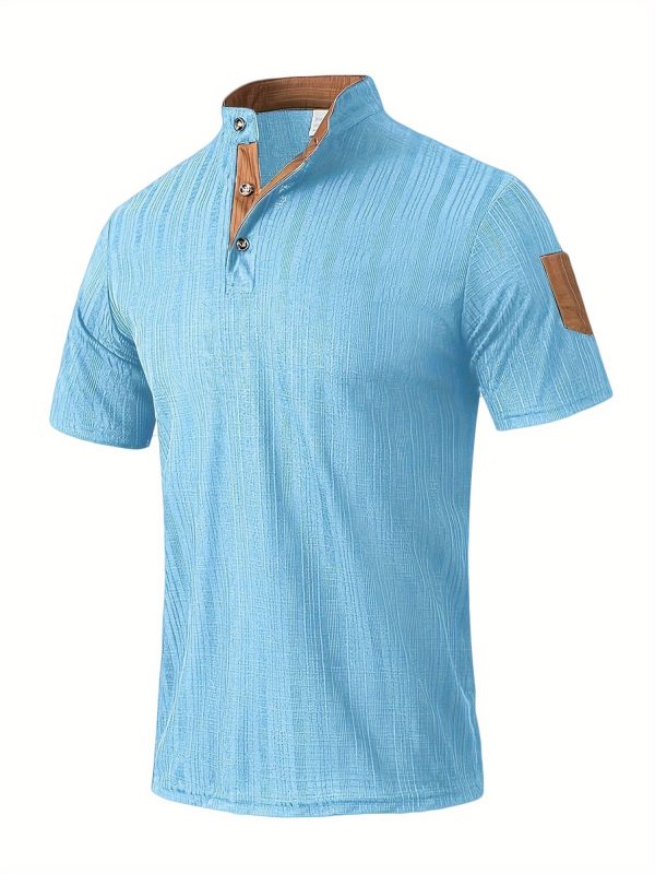 Men's Navy Blue Henley T-Shirt - Breathable Short Sleeve Summer Shirt with Patchwork Design, Button-Up Comfort Fit for Beach & Streetwear, Machine Washable, Beach T Shirt - Image 9
