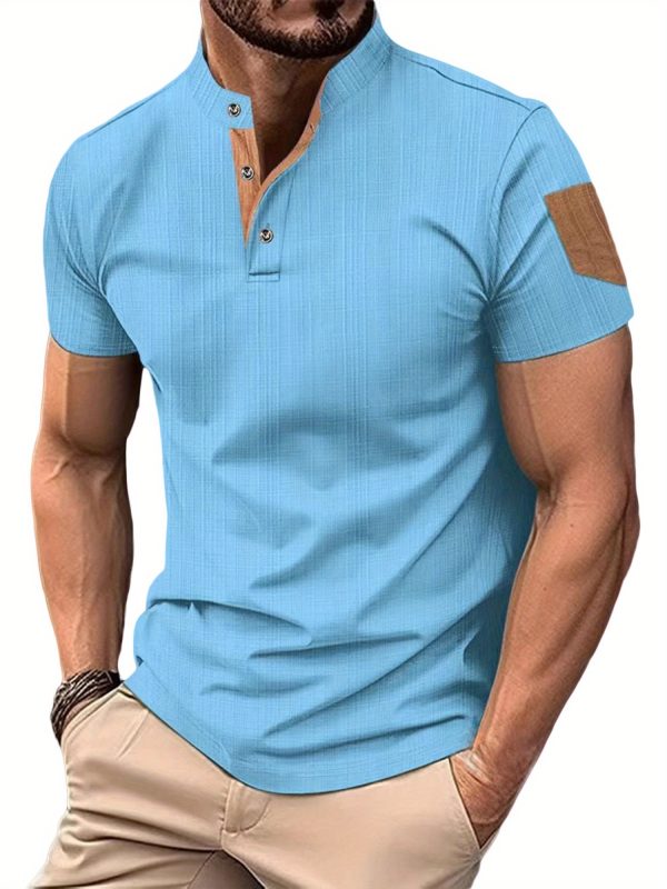 Men's Navy Blue Henley T-Shirt - Breathable Short Sleeve Summer Shirt with Patchwork Design, Button-Up Comfort Fit for Beach & Streetwear, Machine Washable, Beach T Shirt - Image 6