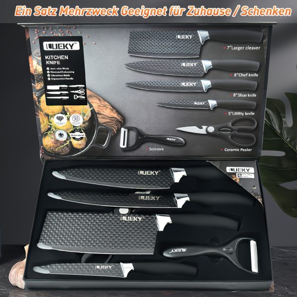 Professional 6pcs Kitchen Knives Set, Chef, Cleaver, Slicer, Utility Knife Peeler& Scissors Stainless Steel Ultra Sharp with Non-Stick Ergonomic Wood Handle Cooking Chef Knife Set for Home Travel Vegetable, Meat, Fruit Gift Box - Image 2