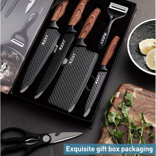 Professional 6pcs Kitchen Knives Set, Chef, Cleaver, Slicer, Utility Knife Peeler& Scissors Stainless Steel Ultra Sharp with Non-Stick Ergonomic Wood Handle Cooking Chef Knife Set for Home Travel Vegetable, Meat, Fruit Gift Box - Image 5