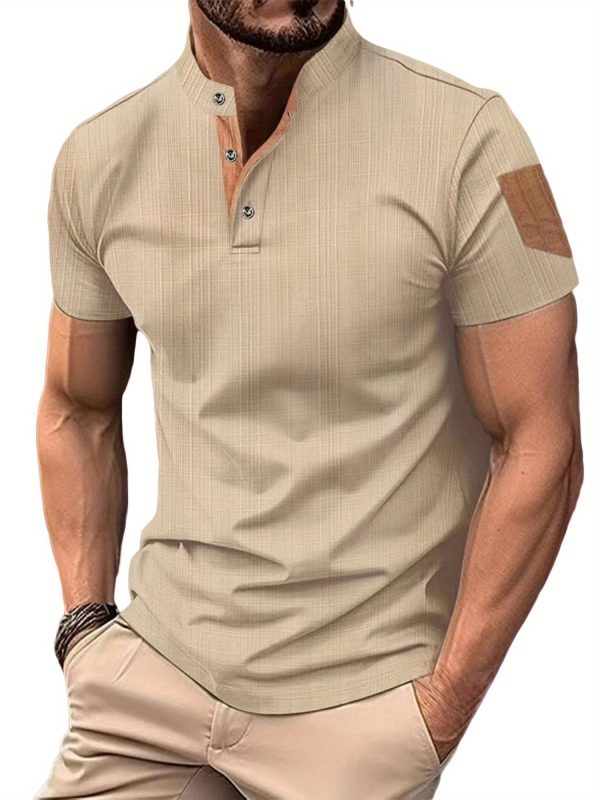 Men's Navy Blue Henley T-Shirt - Breathable Short Sleeve Summer Shirt with Patchwork Design, Button-Up Comfort Fit for Beach & Streetwear, Machine Washable, Beach T Shirt - Image 5