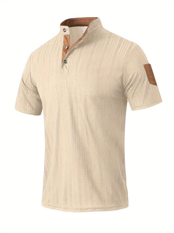 Men's Navy Blue Henley T-Shirt - Breathable Short Sleeve Summer Shirt with Patchwork Design, Button-Up Comfort Fit for Beach & Streetwear, Machine Washable, Beach T Shirt - Image 8