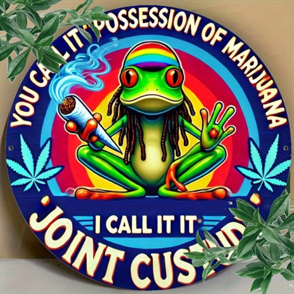 1pc Humorous Marijuana Frog Metal Tin Sign - Psychedelic Hippie Style 8x8 Inch Aluminum Wall Art with Vibrant Colors, Leaf Design & "Joint Custody" Pun - Retro Decor for Bedroom, Porch, Club - Gift for Hippie Culture Fans, Hippie Room Decor, Bold Color Finish, 2D Flat - Image 3