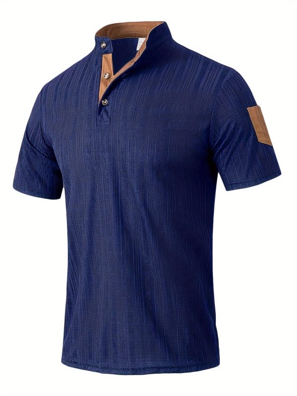 Men's Navy Blue Henley T-Shirt - Breathable Short Sleeve Summer Shirt with Patchwork Design, Button-Up Comfort Fit for Beach & Streetwear, Machine Washable, Beach T Shirt - Image 7