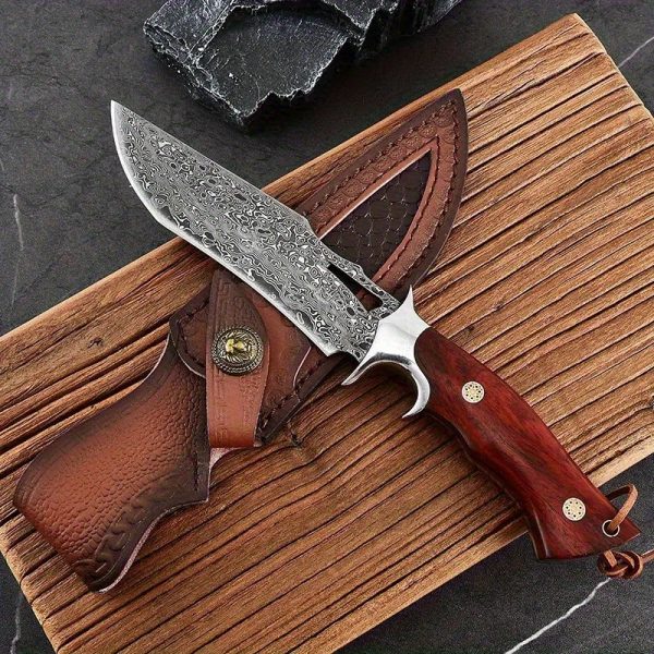 1pc Hand-Forged Damascus Fixed Blade Knife with Wooden Handle and Leather Sheath for Easy Portability and Fast Cutting - Image 10