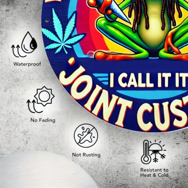 1pc Humorous Marijuana Frog Metal Tin Sign - Psychedelic Hippie Style 8x8 Inch Aluminum Wall Art with Vibrant Colors, Leaf Design & "Joint Custody" Pun - Retro Decor for Bedroom, Porch, Club - Gift for Hippie Culture Fans, Hippie Room Decor, Bold Color Finish, 2D Flat - Image 4