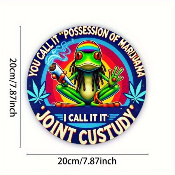 1pc Humorous Marijuana Frog Metal Tin Sign - Psychedelic Hippie Style 8x8 Inch Aluminum Wall Art with Vibrant Colors, Leaf Design & "Joint Custody" Pun - Retro Decor for Bedroom, Porch, Club - Gift for Hippie Culture Fans, Hippie Room Decor, Bold Color Finish, 2D Flat - Image 2