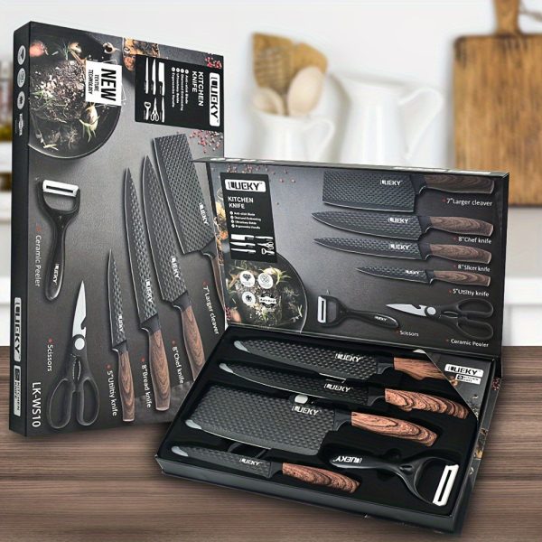 Professional 6pcs Kitchen Knives Set, Chef, Cleaver, Slicer, Utility Knife Peeler& Scissors Stainless Steel Ultra Sharp with Non-Stick Ergonomic Wood Handle Cooking Chef Knife Set for Home Travel Vegetable, Meat, Fruit Gift Box - Image 3