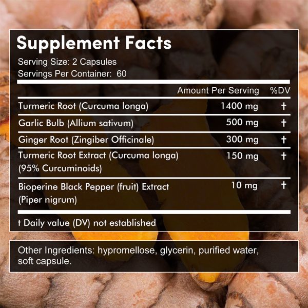 Turmeric Softgels, 2600 for MG Per Serving - with Garlic, Ginger & Black Pepper - Joint & Bone Health Support, 120 Capsules - Image 5