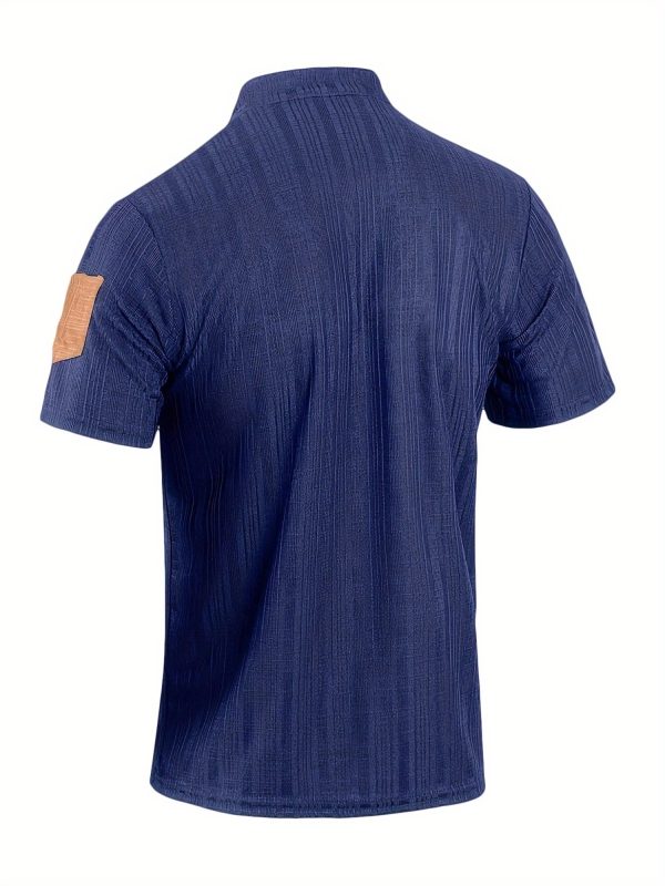 Men's Navy Blue Henley T-Shirt - Breathable Short Sleeve Summer Shirt with Patchwork Design, Button-Up Comfort Fit for Beach & Streetwear, Machine Washable, Beach T Shirt - Image 10