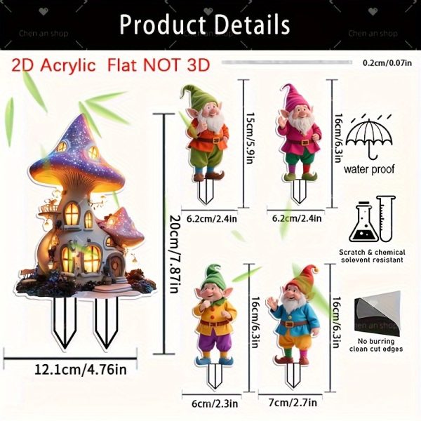 2D Flat, 5pcs Fairy Tale Dwarf and Dreamy Mushroom House Acrylic Bohemian Garden Decorations for Outdoor Use in Gardens, Lawns, Potted Plants, Perfect Holiday Gift Suitable for All 11 Festivals, 2D Flat - Image 6