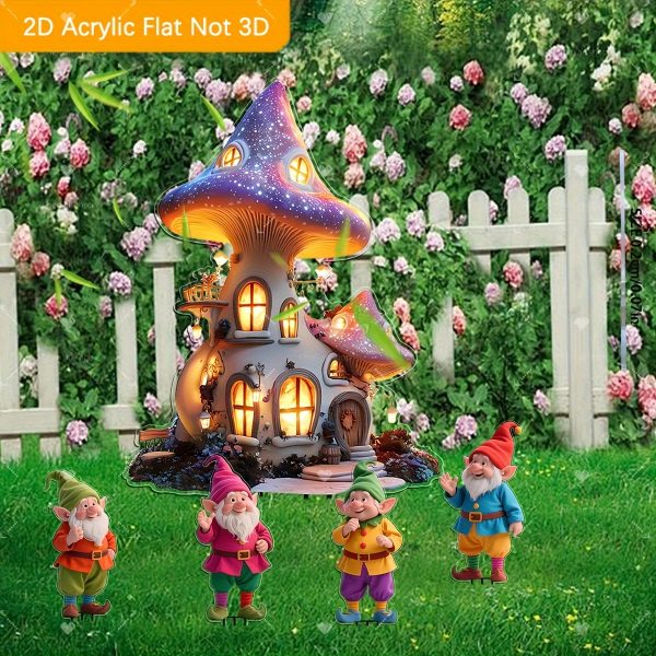 2D Flat, 5pcs Fairy Tale Dwarf and Dreamy Mushroom House Acrylic Bohemian Garden Decorations for Outdoor Use in Gardens, Lawns, Potted Plants, Perfect Holiday Gift Suitable for All 11 Festivals, 2D Flat - Image 2