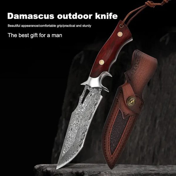 1pc Hand-Forged Damascus Fixed Blade Knife with Wooden Handle and Leather Sheath for Easy Portability and Fast Cutting - Image 2