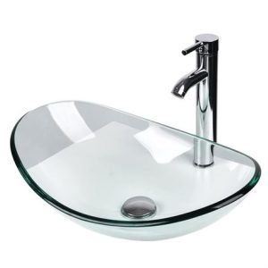 Boat Shape Bathroom Glass Vessel Sink with Chrome Faucet and Pop-up Drain Clear